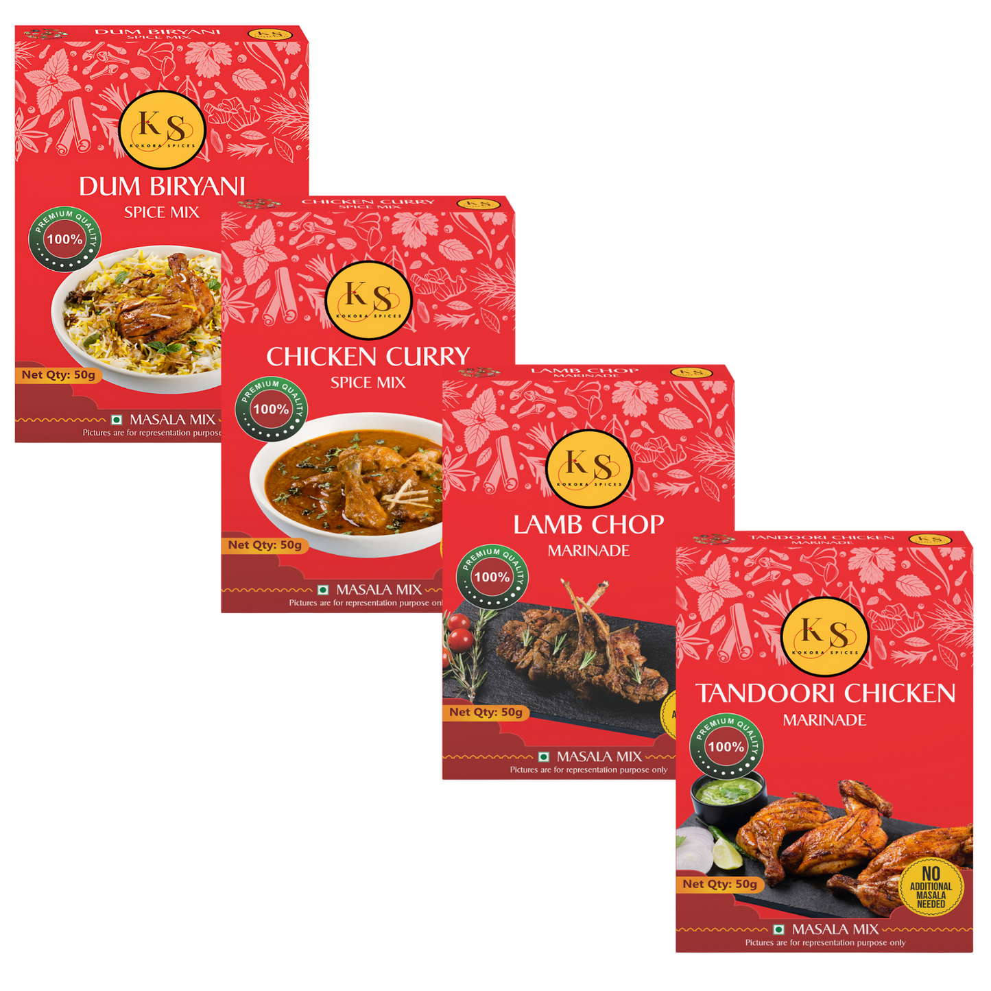 Dum Biryani, Chicken Curry, Lamb Chop Marinade, and Tandoori Chicken Marinade (1 Packs of Each, 4x 50g)