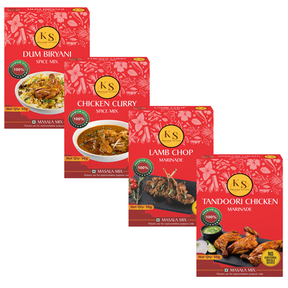 Dum Biryani, Chicken Curry, Lamb Chop Marinade, and Tandoori Chicken Marinade (1 Packs of Each, 4x 50g)