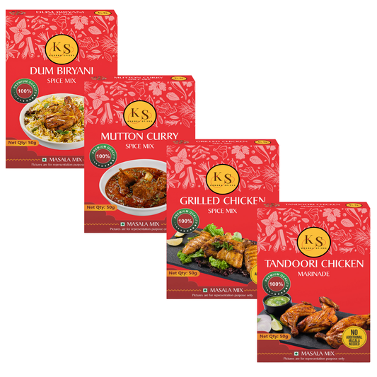 Dum Biryani, Mutton Curry, Grilled Chicken, and Tandoori Chicken Marinade (1 Pack of Each, 4x 50g Packs) _Pack of 4