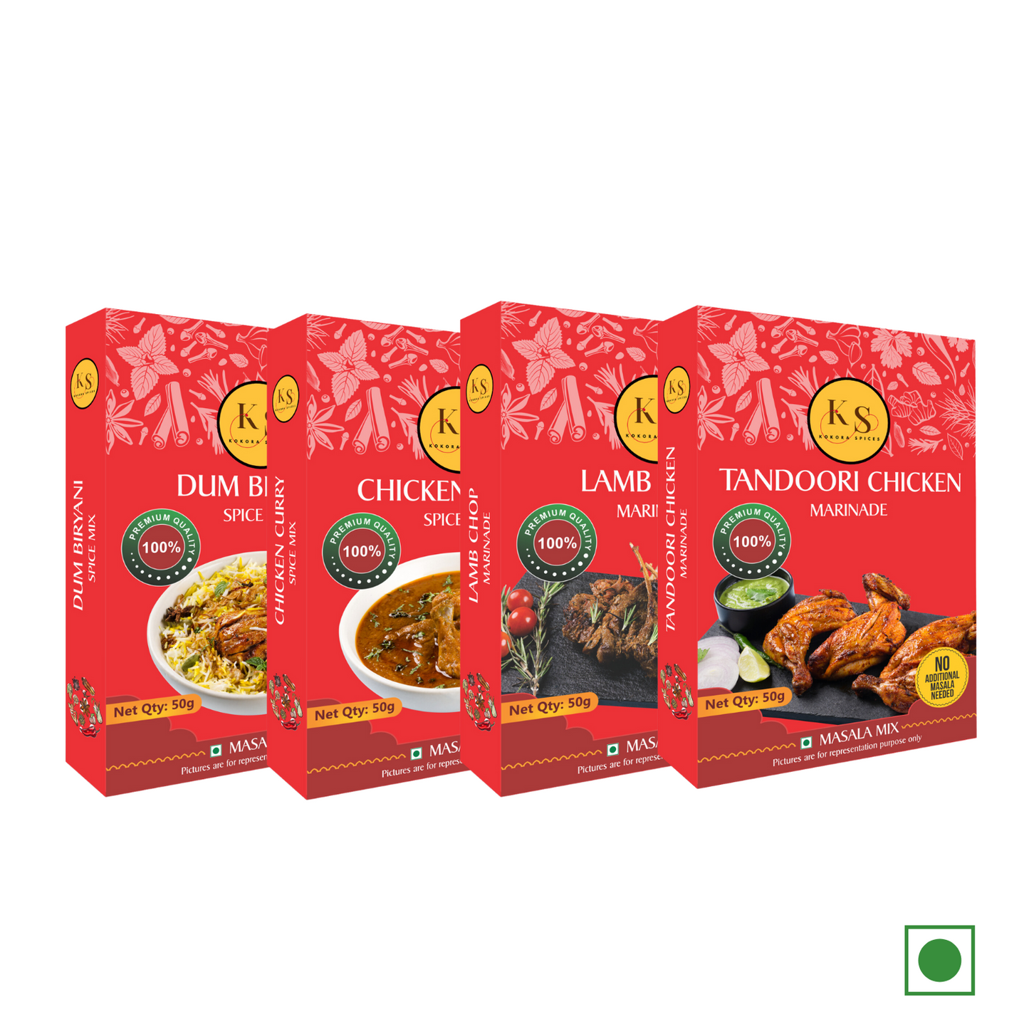 Dum Biryani, Chicken Curry, Lamb Chop Marinade, and Tandoori Chicken Marinade (1 Packs of Each, 4x 50g)