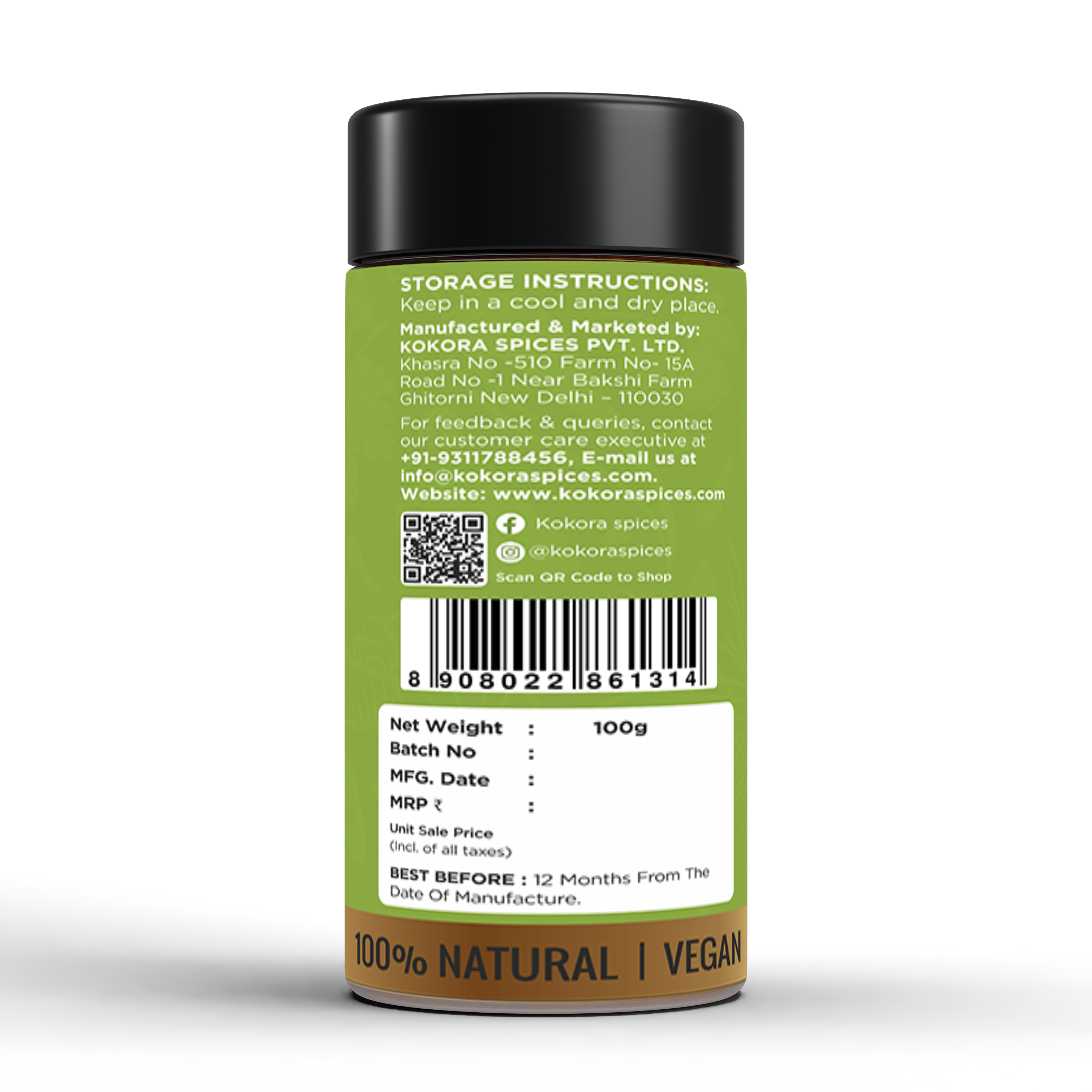 Kokora Spices Green Cardamom (Elaichi) Powder 100g