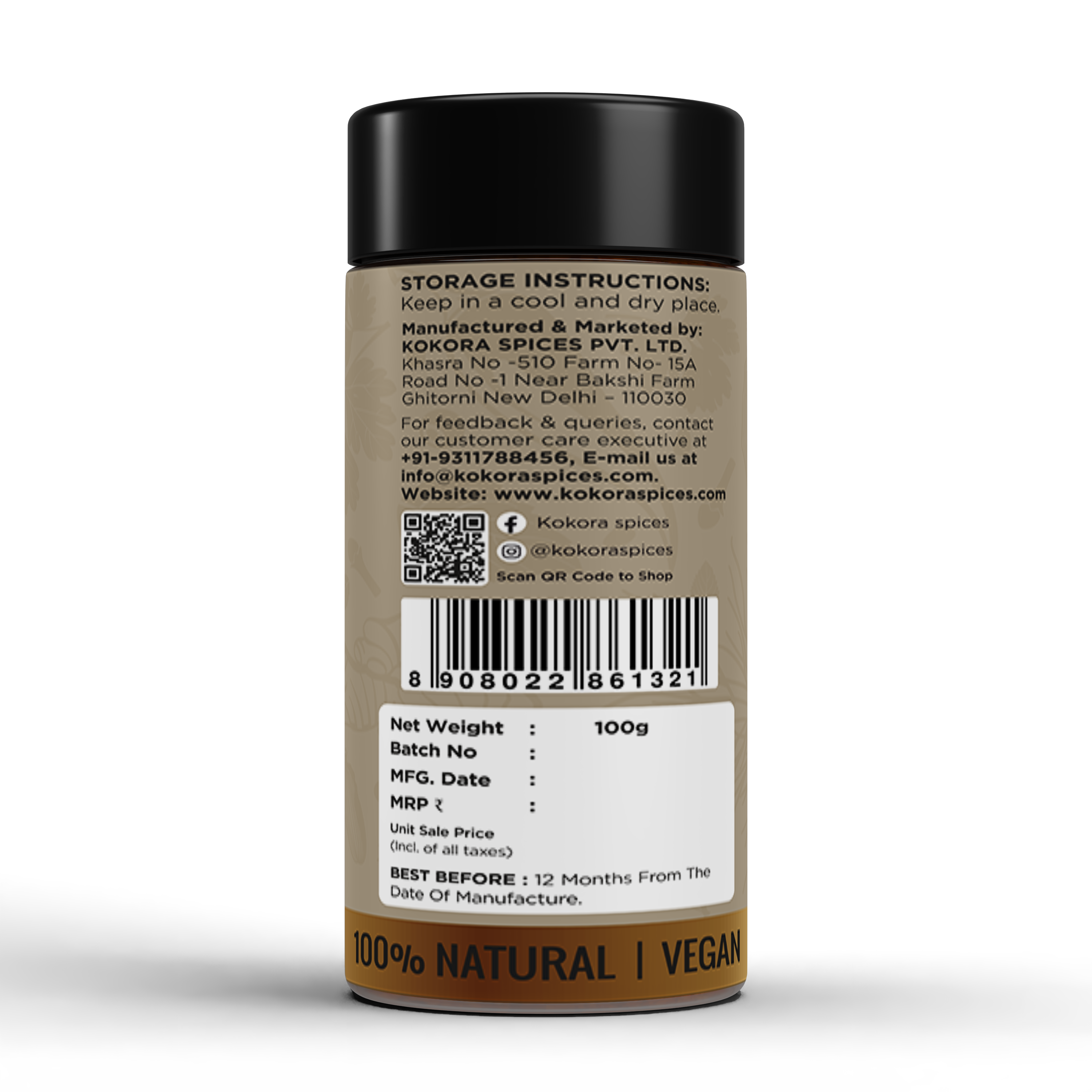 Kokora Spices Black Pepper (Kali Mirch) Powder 100g Jar