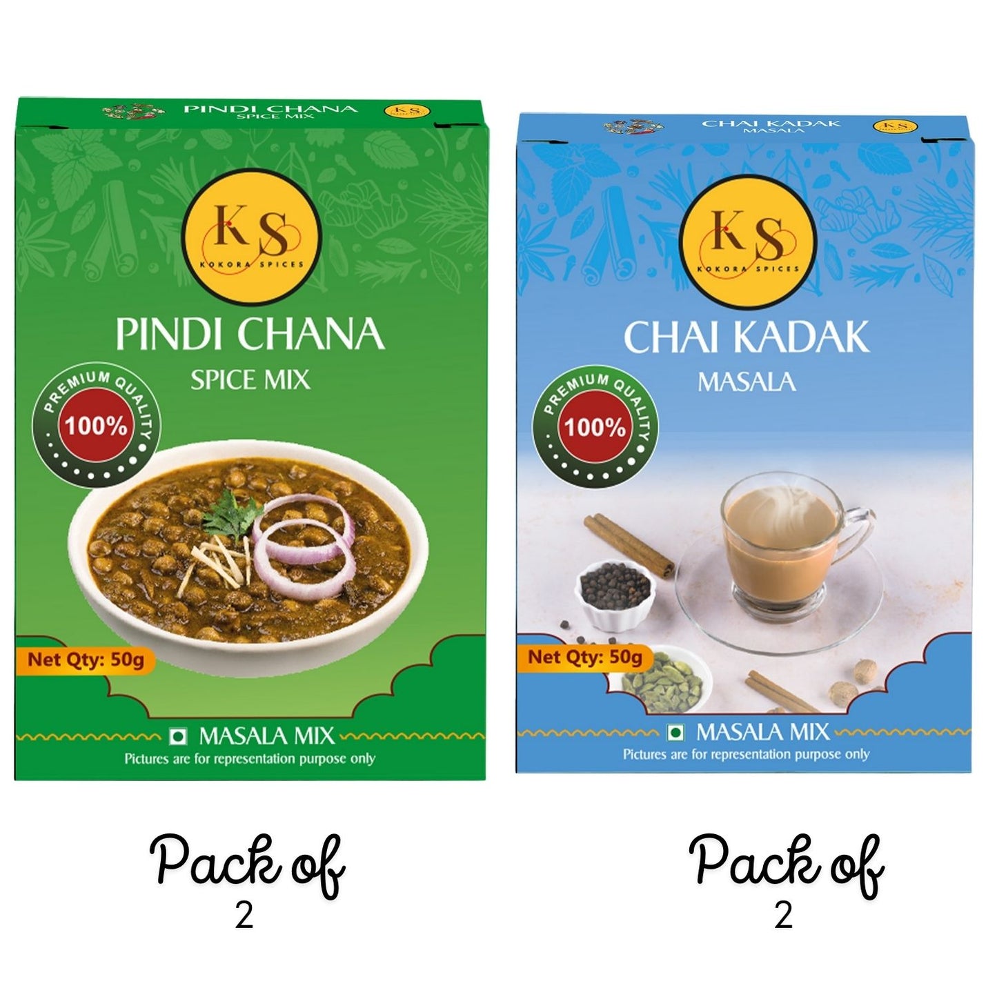 Pindi Chana and Chai Kadak Spice Mix (2 Packs of Each, 4x 50g )