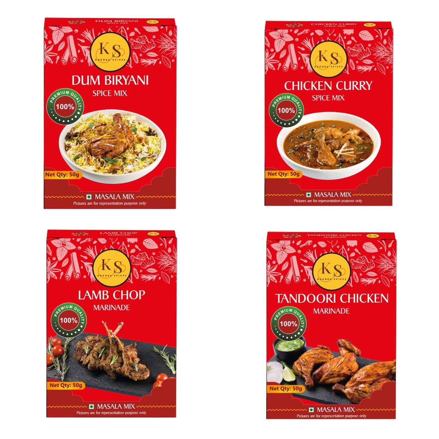 Dum Biryani, Chicken Curry, Lamb Chop Marinade, and Tandoori Chicken Marinade (1 Packs of Each, 4x 50g)