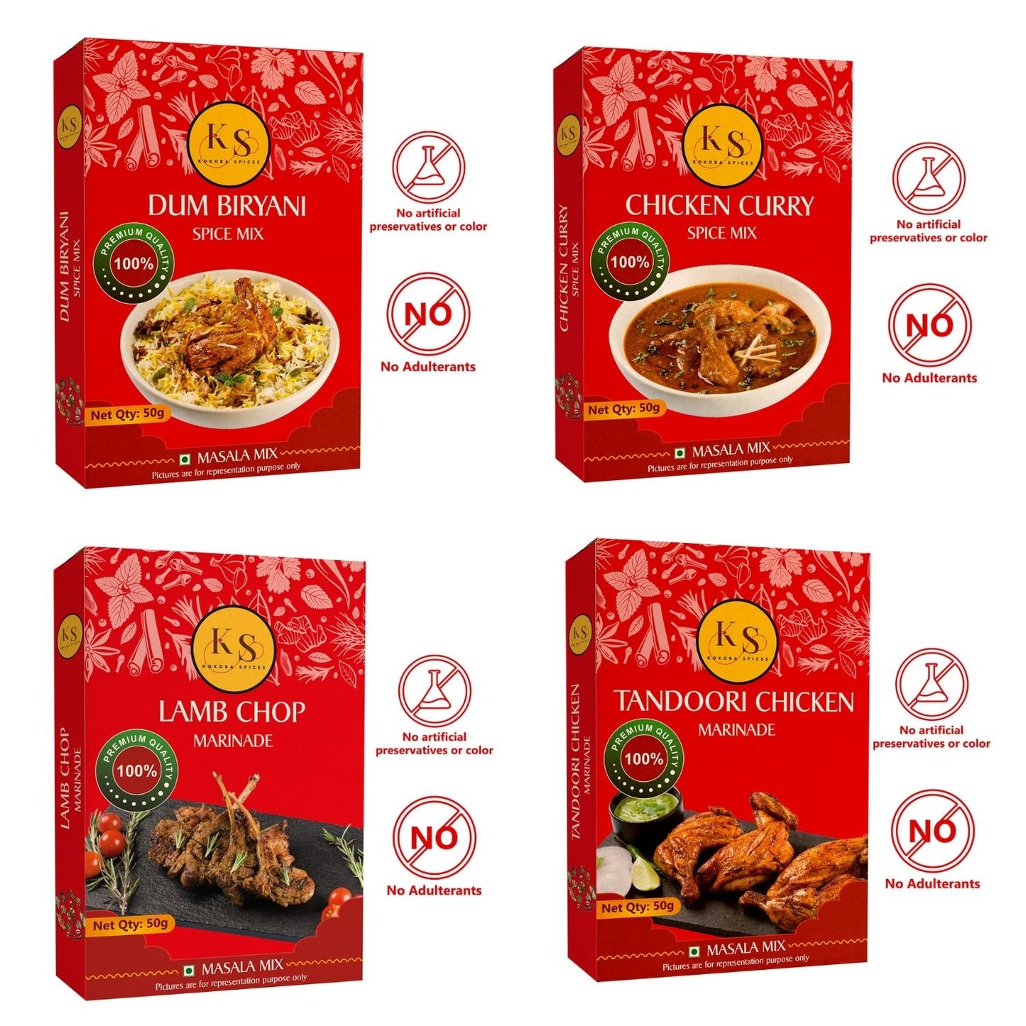 Dum Biryani, Chicken Curry, Lamb Chop Marinade, and Tandoori Chicken Marinade (1 Packs of Each, 4x 50g)