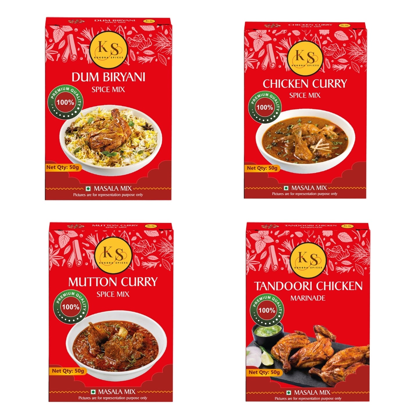 Dum Biryani, Chicken Curry, Mutton Curry, and Tandoori Chicken Marinade (1 Packs of Each, 4x 50g)