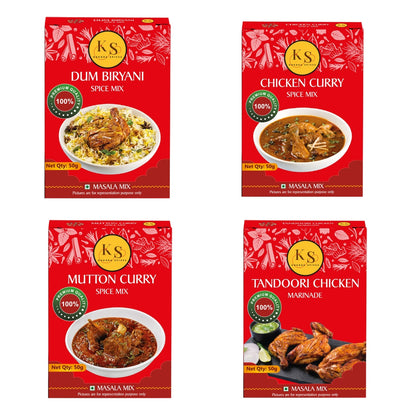 Dum Biryani, Chicken Curry, Mutton Curry, and Tandoori Chicken Marinade (1 Packs of Each, 4x 50g)