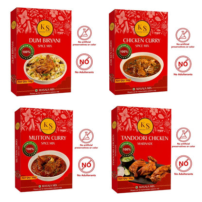 Dum Biryani, Chicken Curry, Mutton Curry, and Tandoori Chicken Marinade (1 Packs of Each, 4x 50g)