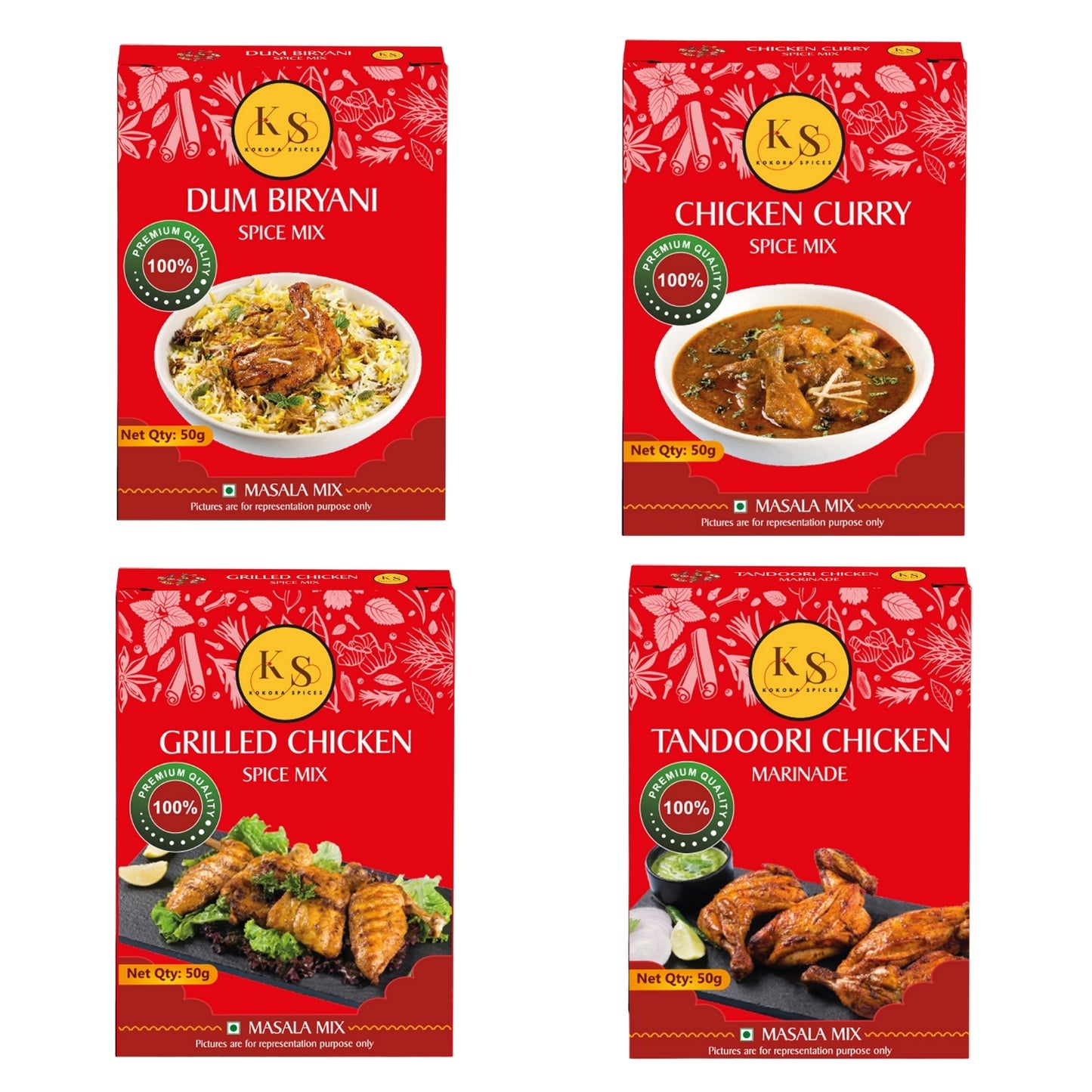 Dum Biryani, Chicken Curry, Grilled Chicken, and Tandoori Chicken Marinade (1 Packs of Each, 4x 50g)