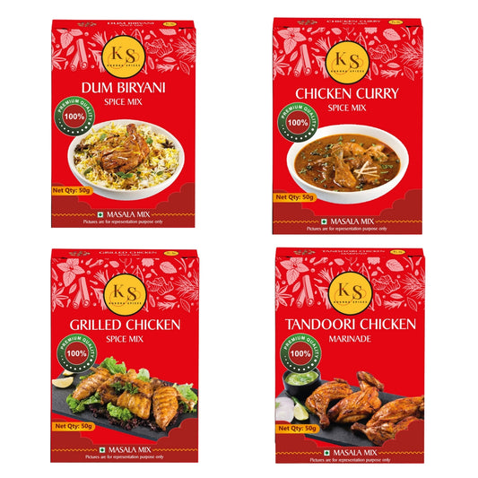 Dum Biryani, Chicken Curry, Grilled Chicken, and Tandoori Chicken Marinade (1 Packs of Each, 4x 50g)