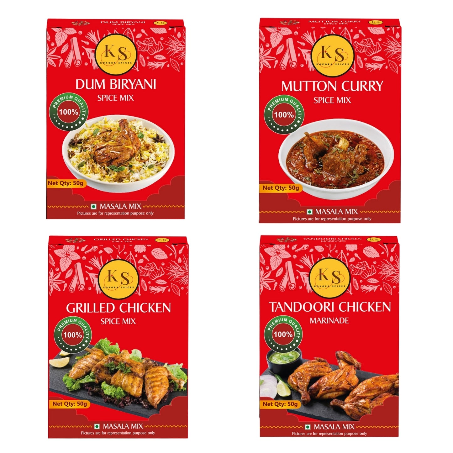 Dum Biryani, Mutton Curry, Grilled Chicken, and Tandoori Chicken Marinade (1 Packs of Each, 4x 50g Packs)