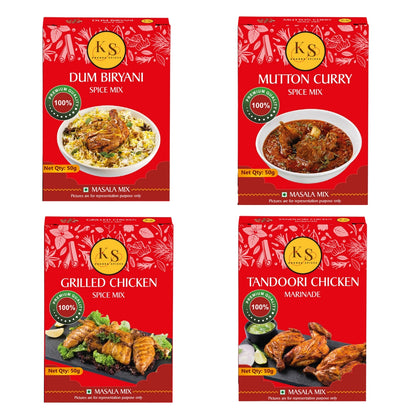 Dum Biryani, Mutton Curry, Grilled Chicken, and Tandoori Chicken Marinade (1 Packs of Each, 4x 50g Packs)