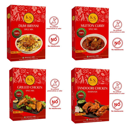 Dum Biryani, Mutton Curry, Grilled Chicken, and Tandoori Chicken Marinade (1 Packs of Each, 4x 50g Packs)