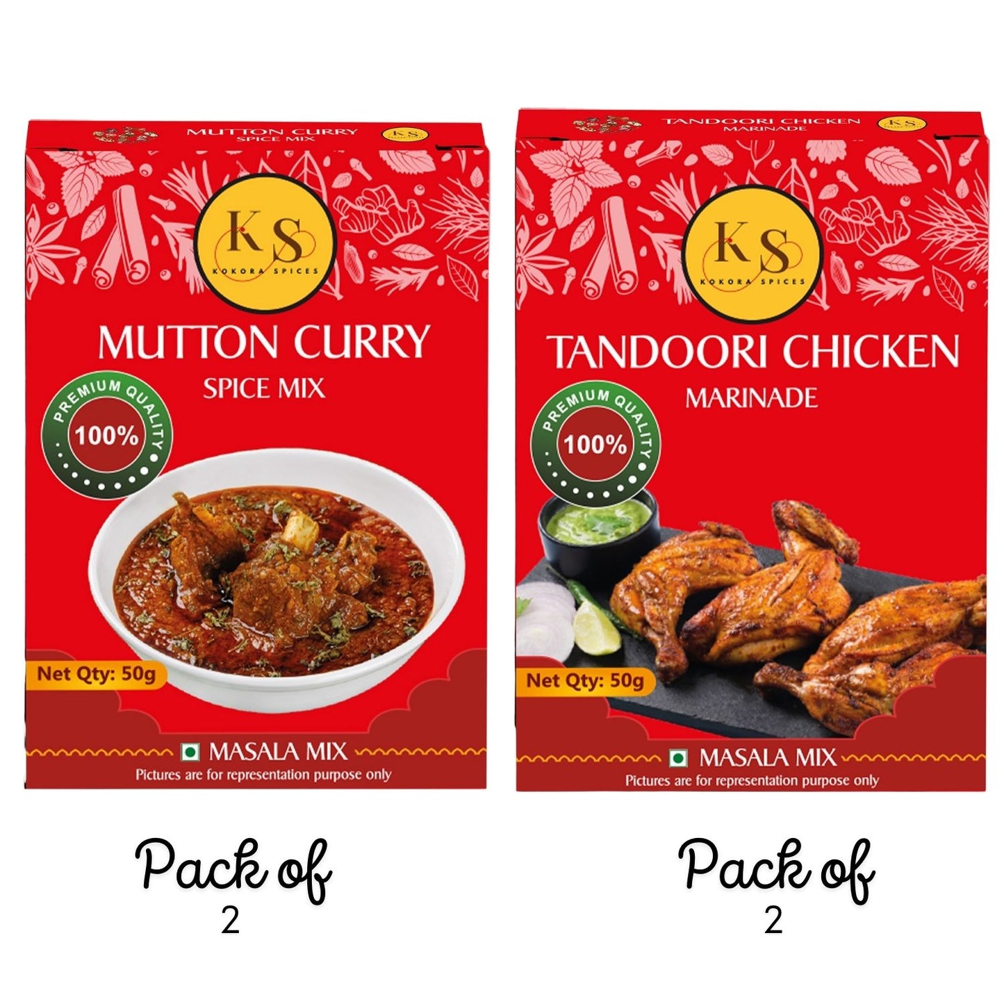 Mutton Curry and Tandoori Chicken Marinade Spice Mix (2 Packs of Each, 4x 50g Packs)