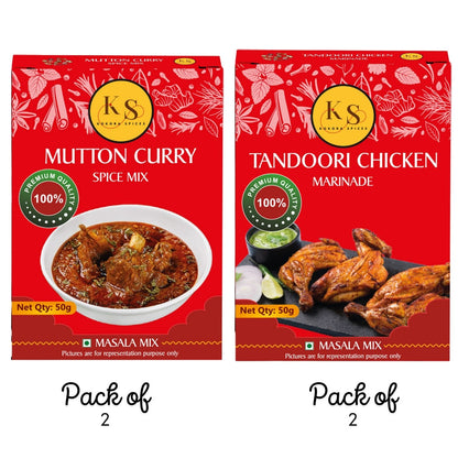 Mutton Curry and Tandoori Chicken Marinade Spice Mix (2 Packs of Each, 4x 50g Packs)