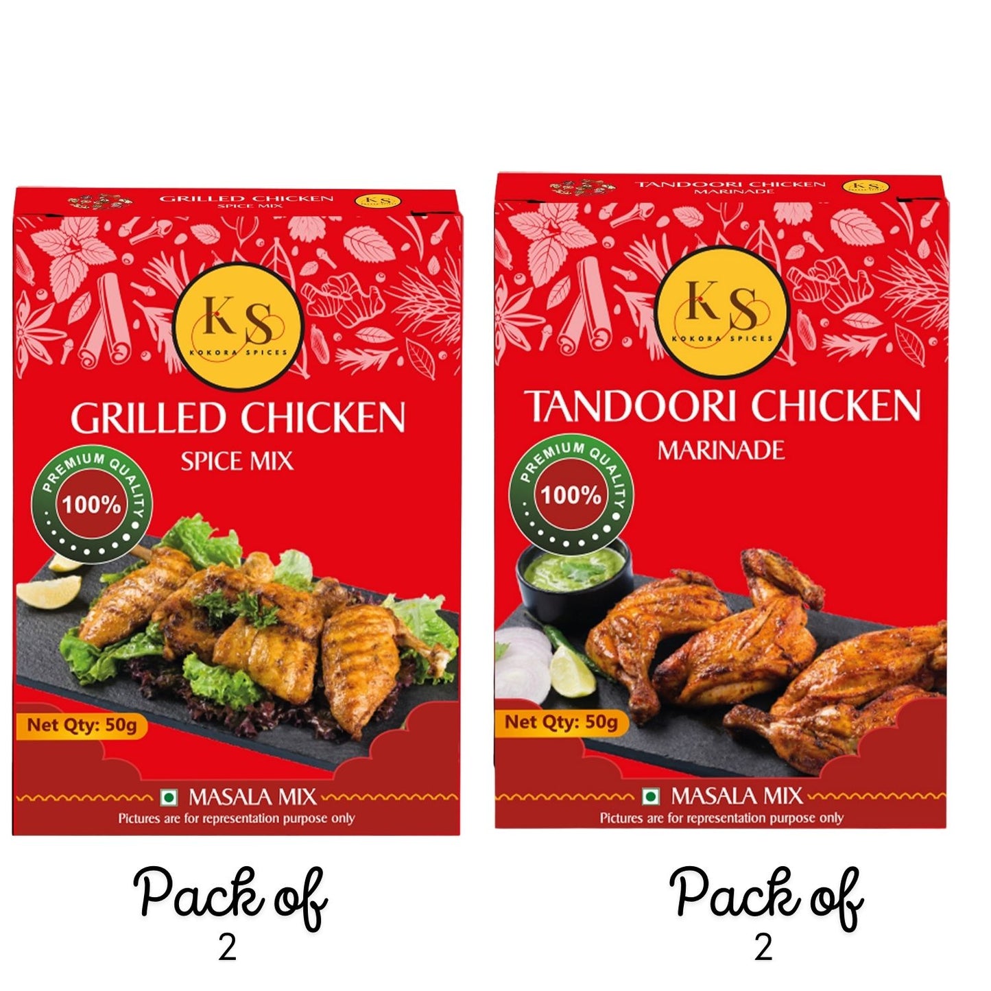 Grilled Chicken and Tandoori Chicken Marinade Spice Mix (2 Packs of Each, 4x 50g Packs)